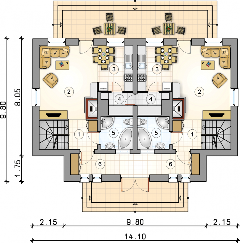 Układ pomieszczeń na parterze (rzut) w projekcie Dwojaczek II