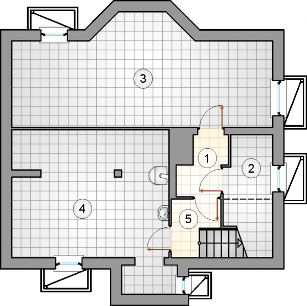 Układ pomieszczeń w piwnicy (rzut) w projekcie Jaspis