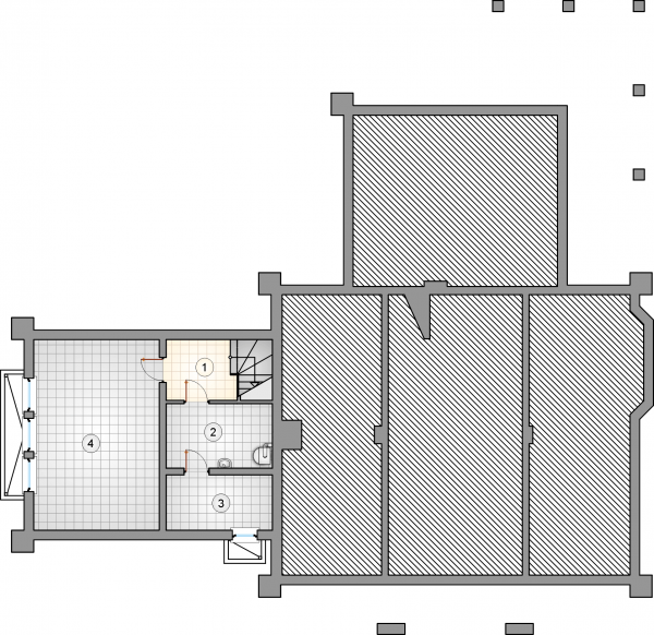 Układ pomieszczeń w piwnicy (rzut) w projekcie Karmazyn