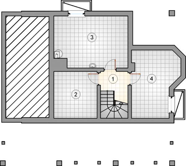 Układ pomieszczeń w piwnicy (rzut) w projekcie Mewa