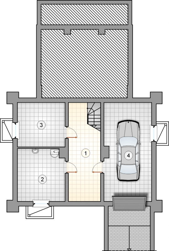 Układ pomieszczeń w piwnicy (rzut) w projekcie Paproć
