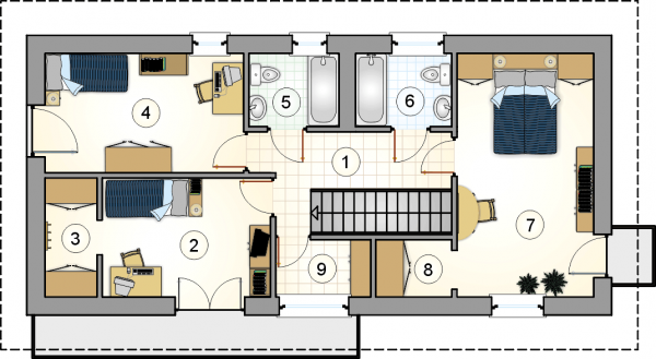 Układ pomieszczeń na 1 piętrze (rzut) w projekcie Forte