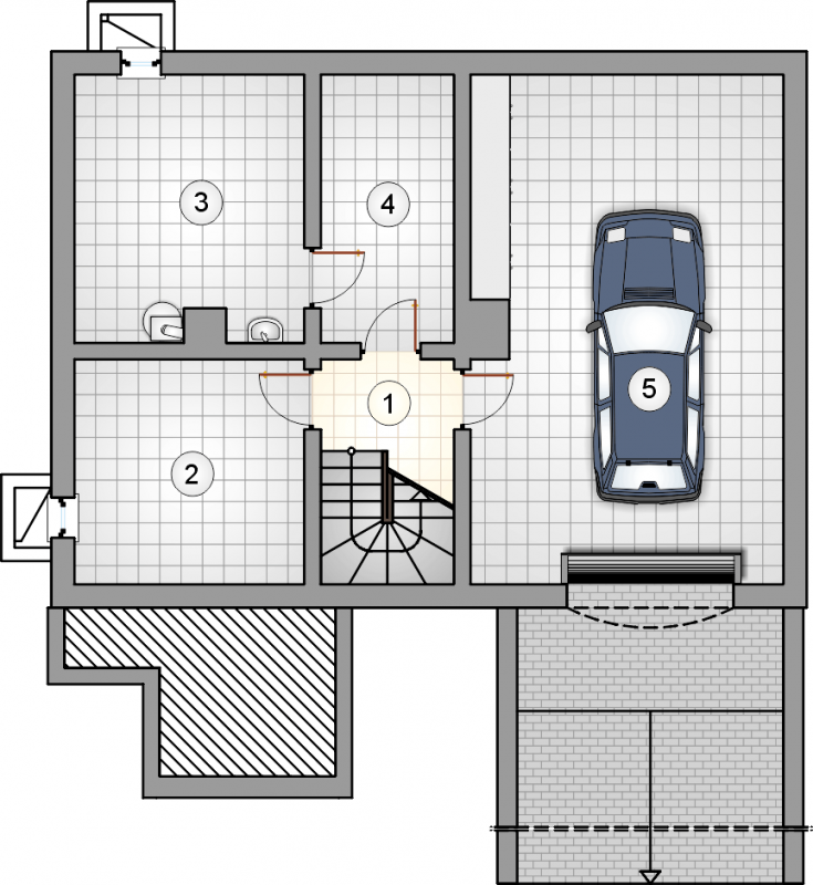 Układ pomieszczeń w piwnicy (rzut) w projekcie Żwirek