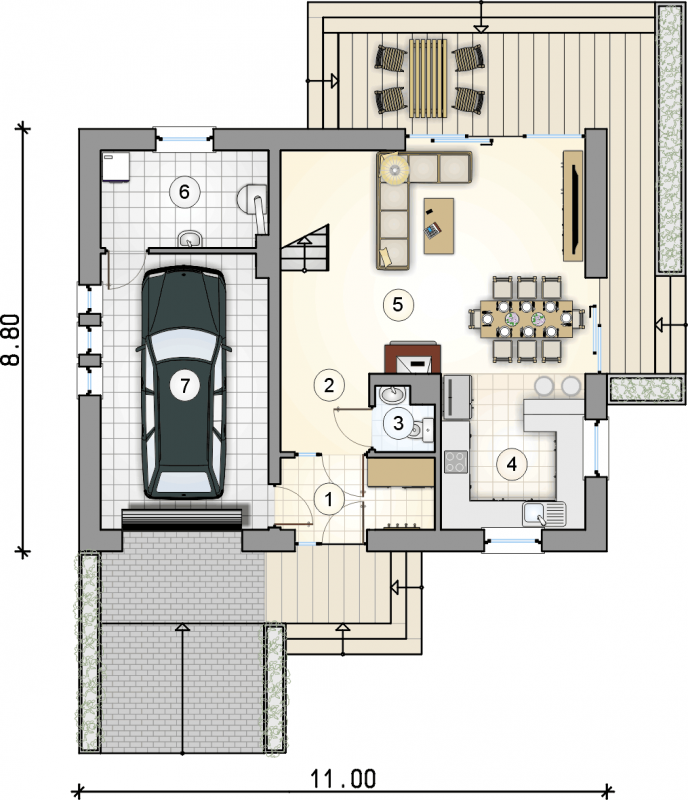Układ pomieszczeń na parterze (rzut) w projekcie Compact House IV
