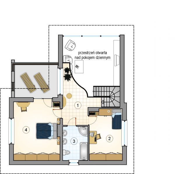 Układ pomieszczeń na 1 piętrze (rzut) w projekcie Atut