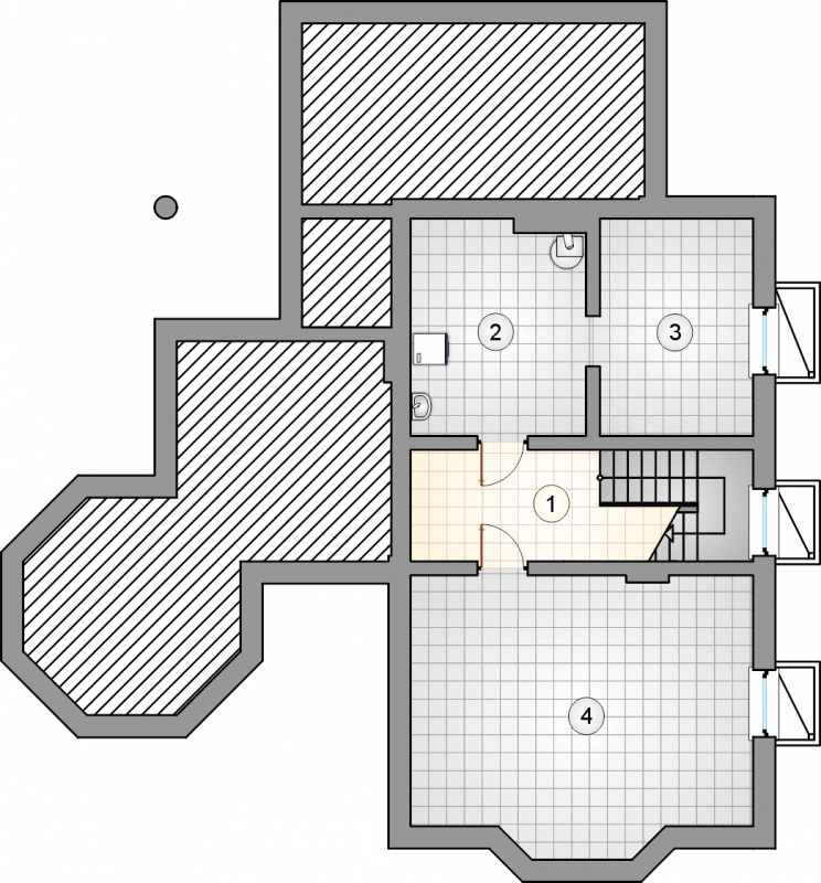 Układ pomieszczeń w piwnicy (rzut) w projekcie Kantata