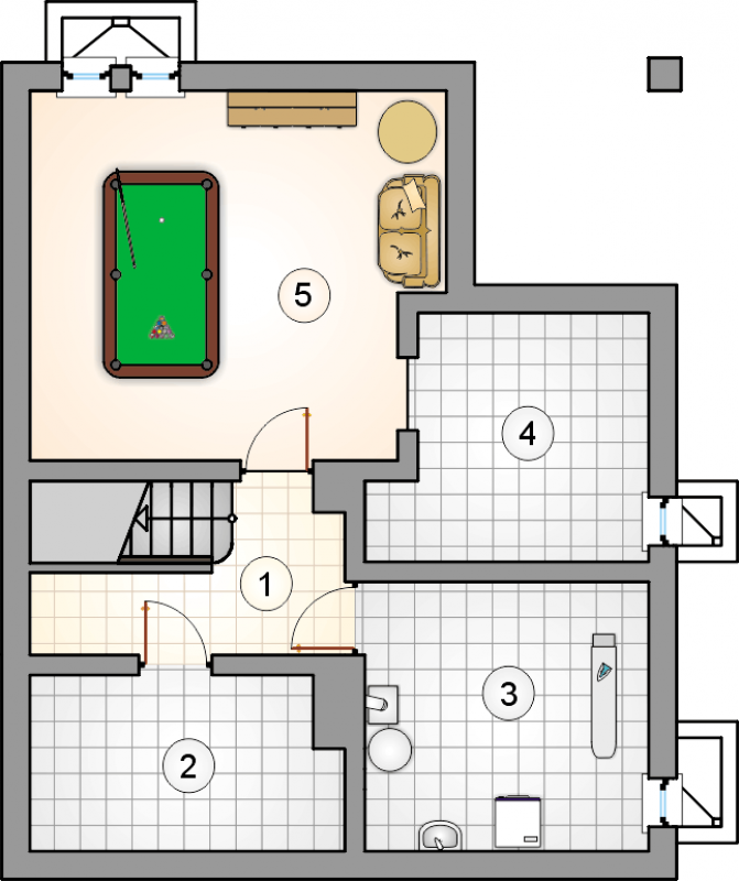 Układ pomieszczeń w piwnicy (rzut) w projekcie Orfeusz