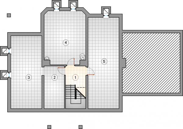Układ pomieszczeń w piwnicy (rzut) w projekcie Onufry