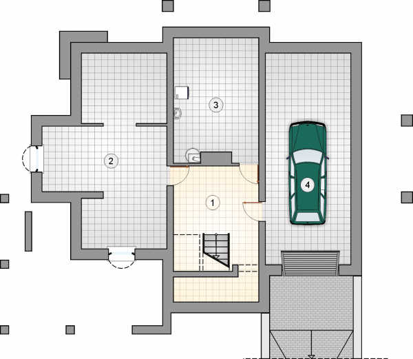 Układ pomieszczeń w piwnicy (rzut) w projekcie Szmaragd