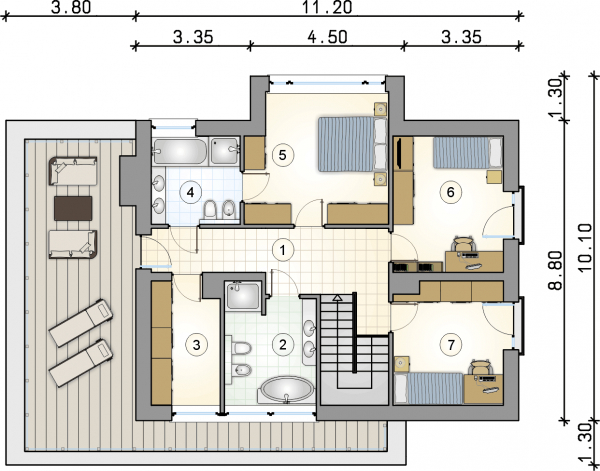 Układ pomieszczeń na 1 piętrze (rzut) w projekcie Qubus IV