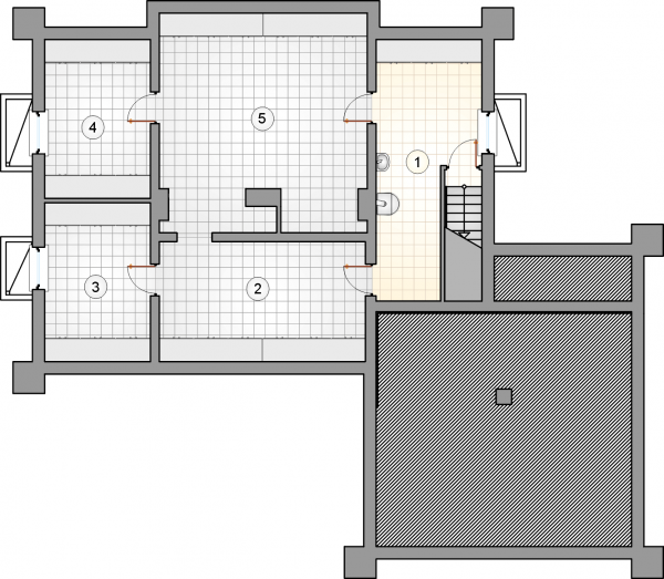 Układ pomieszczeń w piwnicy (rzut) w projekcie Konwaliowy Dworek
