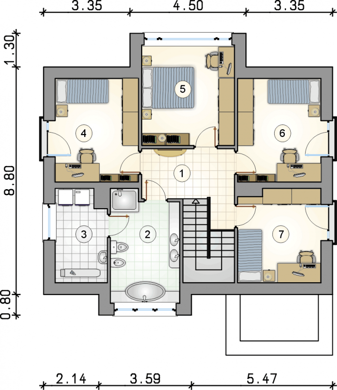 Układ pomieszczeń na 1 piętrze (rzut) w projekcie Qubus III