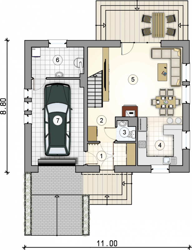 Układ pomieszczeń na parterze (rzut) w projekcie Compact House III