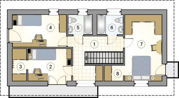 Układ pomieszczeń na 1 piętrze (rzut) w projekcie Forte Bis