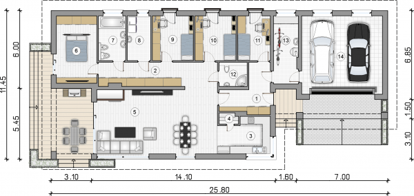 Układ pomieszczeń na parterze (rzut) w projekcie Kos Maxi