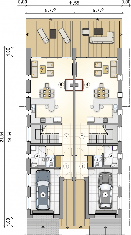 Układ pomieszczeń na parterze (rzut) w projekcie Modern Twin II
