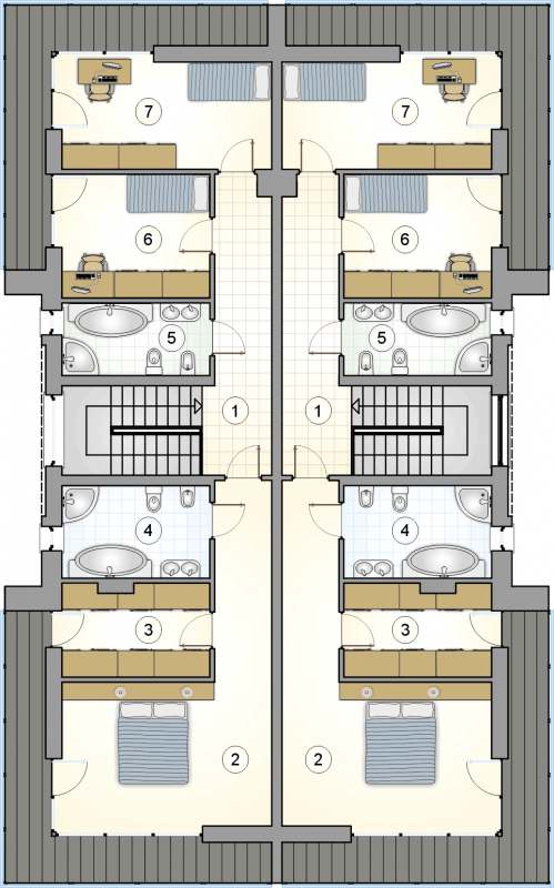 Układ pomieszczeń na 1 piętrze (rzut) w projekcie Modern Twin II