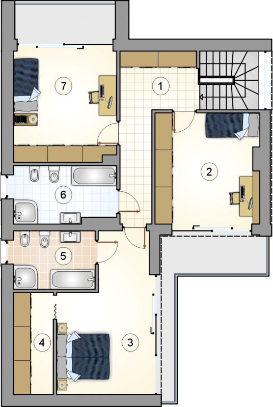 Układ pomieszczeń na 1 piętrze (rzut) w projekcie Vertikal