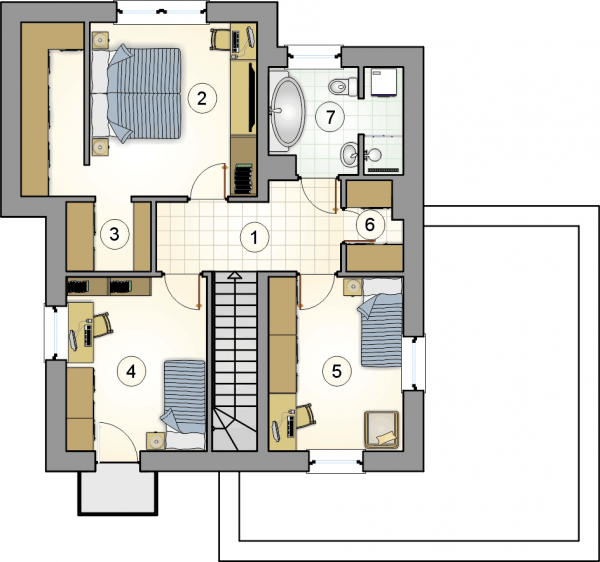 Układ pomieszczeń na 1 piętrze (rzut) w projekcie Paros