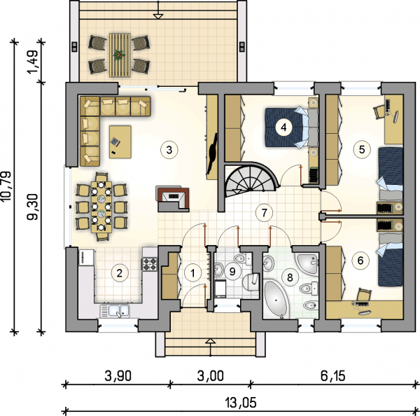Układ pomieszczeń na parterze (rzut) w projekcie Neo IV