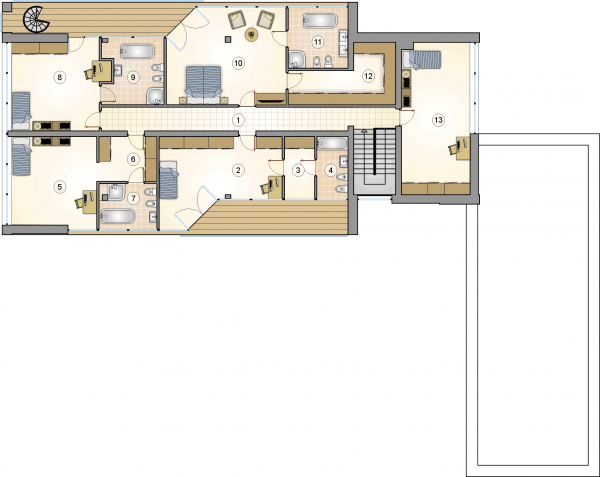 Układ pomieszczeń na 1 piętrze (rzut) w projekcie Alabaster