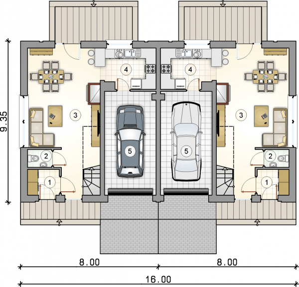 Układ pomieszczeń na parterze (rzut) w projekcie Double House III