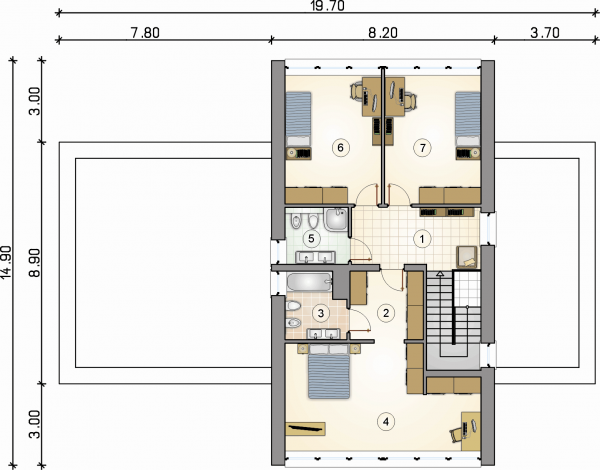 Układ pomieszczeń na 1 piętrze (rzut) w projekcie Malta II