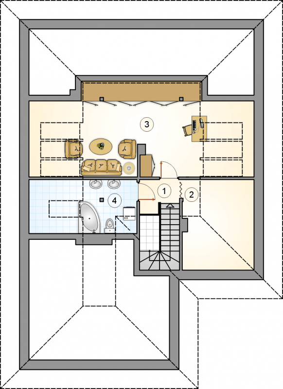 Układ pomieszczeń na poddaszu (rzut) w projekcie Modelowy II