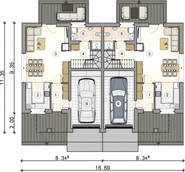 Układ pomieszczeń na parterze (rzut) w projekcie Double House V