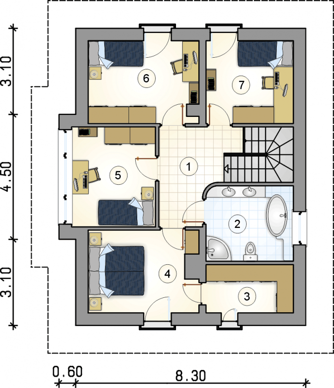 Układ pomieszczeń na 1 piętrze (rzut) w projekcie Milano V