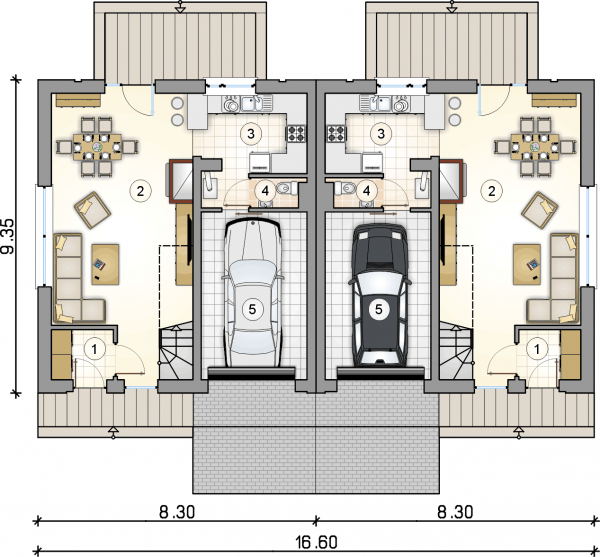 Układ pomieszczeń na parterze (rzut) w projekcie Double House IV