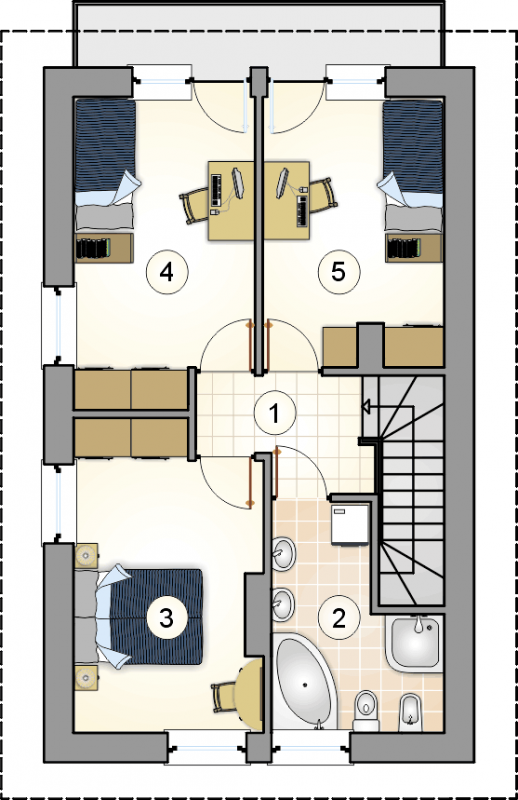 Układ pomieszczeń na 1 piętrze (rzut) w projekcie Kamyczek II
