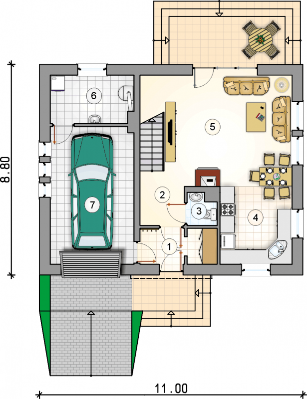 Układ pomieszczeń na parterze (rzut) w projekcie Compact House
