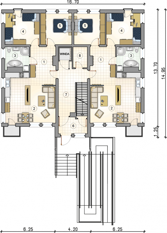 Układ pomieszczeń na parterze (rzut) w projekcie Top Dom II