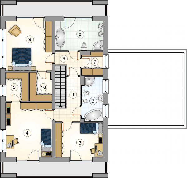 Układ pomieszczeń na 1 piętrze (rzut) w projekcie Ramabox II
