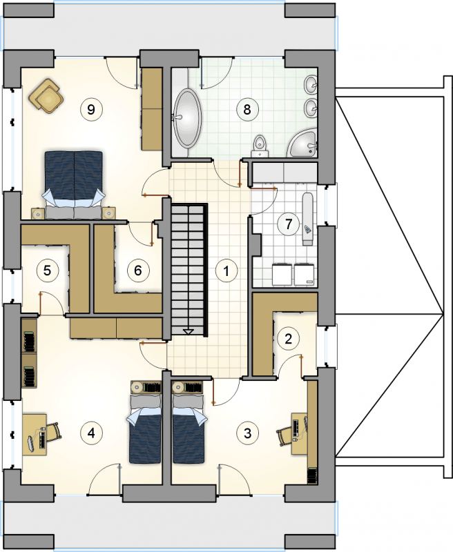 Układ pomieszczeń na 1 piętrze (rzut) w projekcie Ramabox III NF40