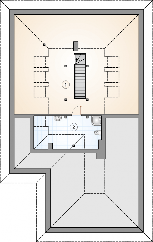 Układ pomieszczeń na poddaszu (rzut) w projekcie Kraska II