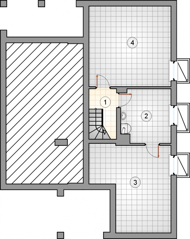 Układ pomieszczeń w piwnicy (rzut) w projekcie Perkoz