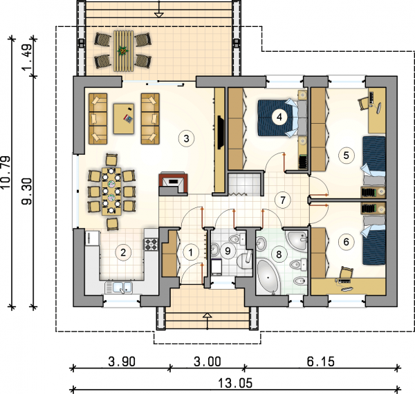Układ pomieszczeń na parterze (rzut) w projekcie Neo II