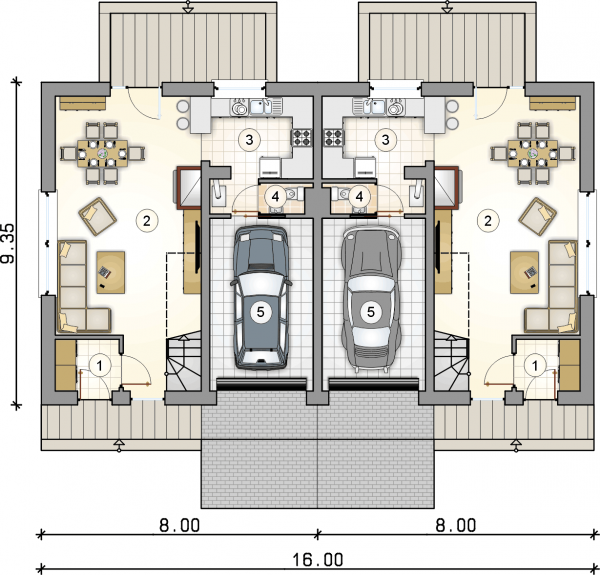 Układ pomieszczeń na parterze (rzut) w projekcie Double House