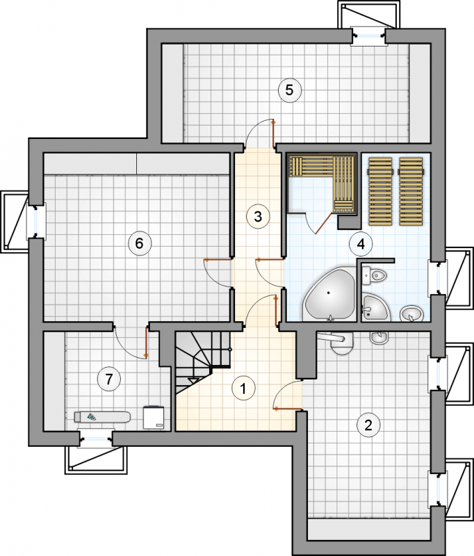 Układ pomieszczeń w piwnicy (rzut) w projekcie Bursztyn II