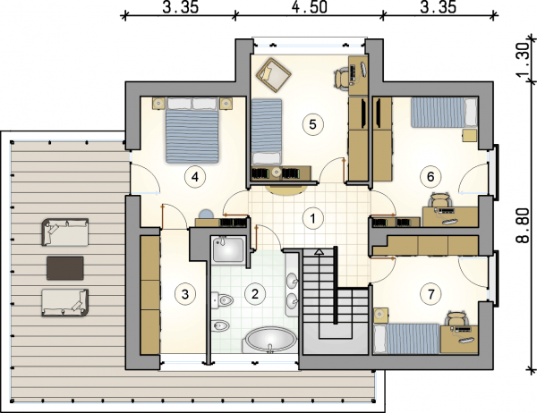 Układ pomieszczeń na 1 piętrze (rzut) w projekcie Qubus II