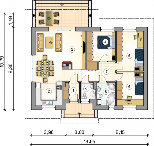 Układ pomieszczeń na parterze (rzut) w projekcie Neo VI