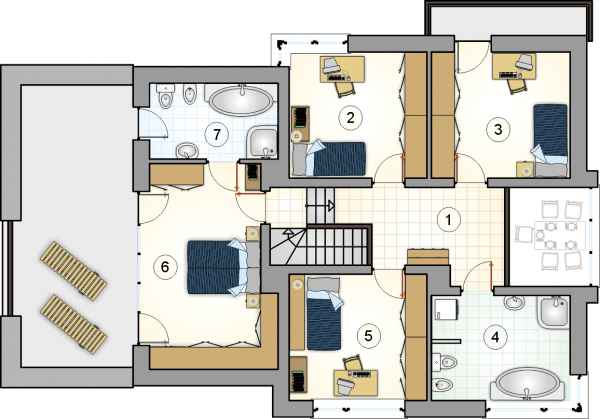 Układ pomieszczeń na 1 piętrze (rzut) w projekcie Cynamon II