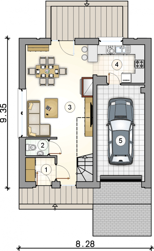 Układ pomieszczeń na parterze (rzut) w projekcie Single House
