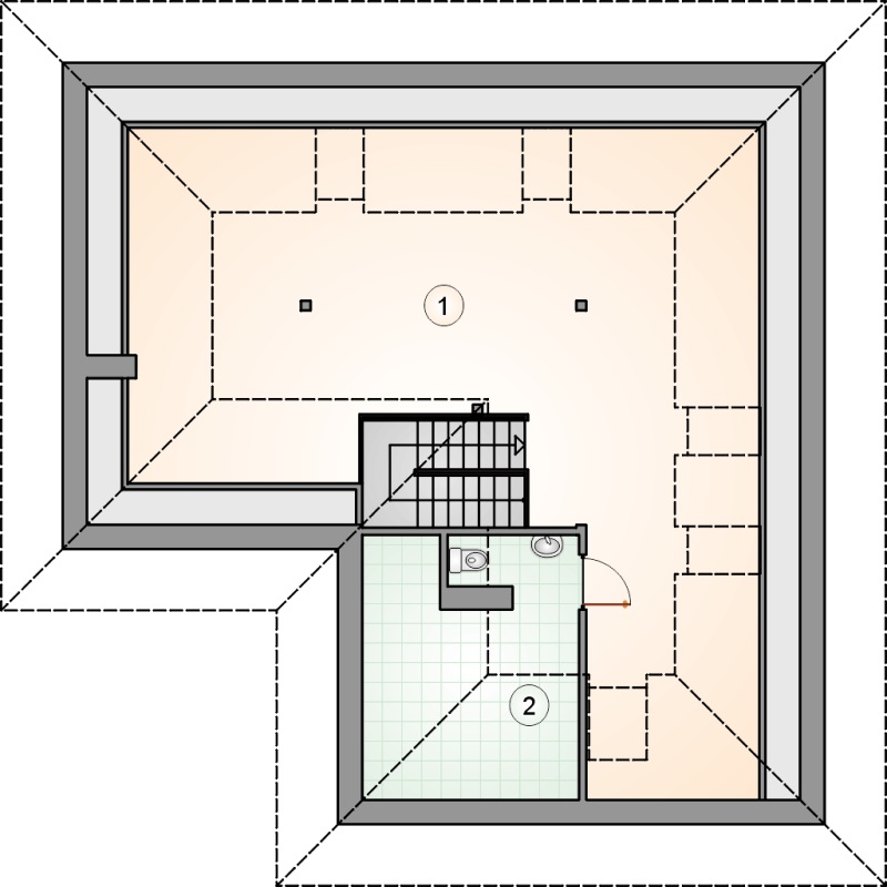 Układ pomieszczeń na poddaszu (rzut) w projekcie Ważka II