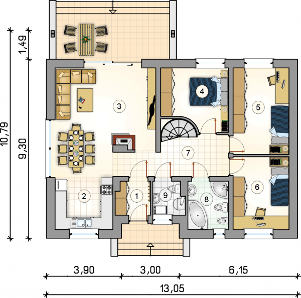 Układ pomieszczeń na parterze (rzut) w projekcie Neo VII