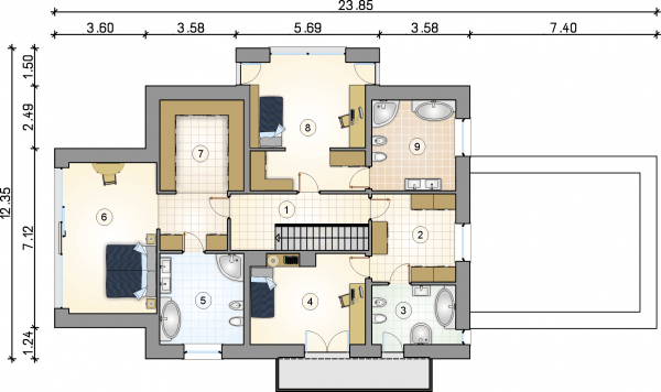 Układ pomieszczeń na 1 piętrze (rzut) w projekcie Senator II