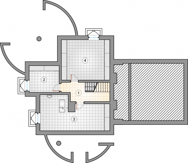 Układ pomieszczeń w piwnicy (rzut) w projekcie Agawa V