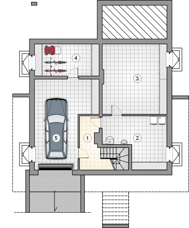 Układ pomieszczeń w piwnicy (rzut) w projekcie Ryś II